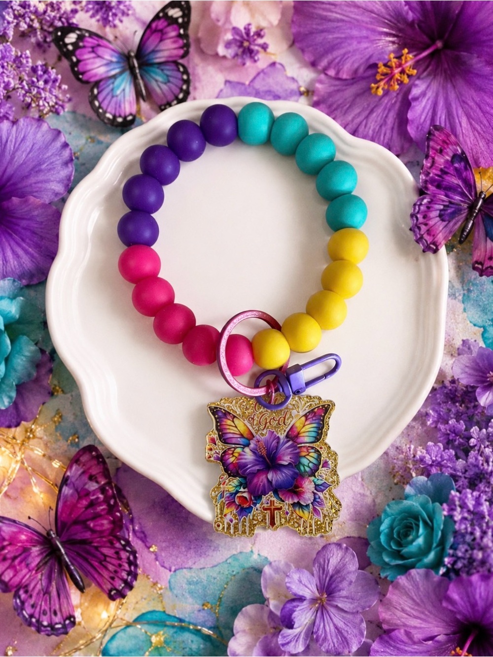 Beaded Butterfly Wristlet Keychain-Multicolor